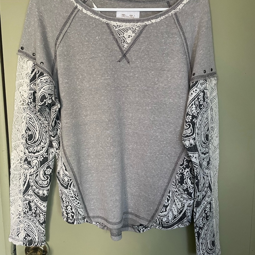 Miss Me Gray Long Sleeve Tee with Paisley Sleeve Panels